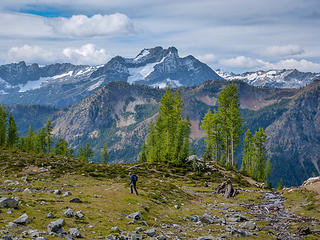 Jake hiking through upper Leroy Basin, Buck in the background